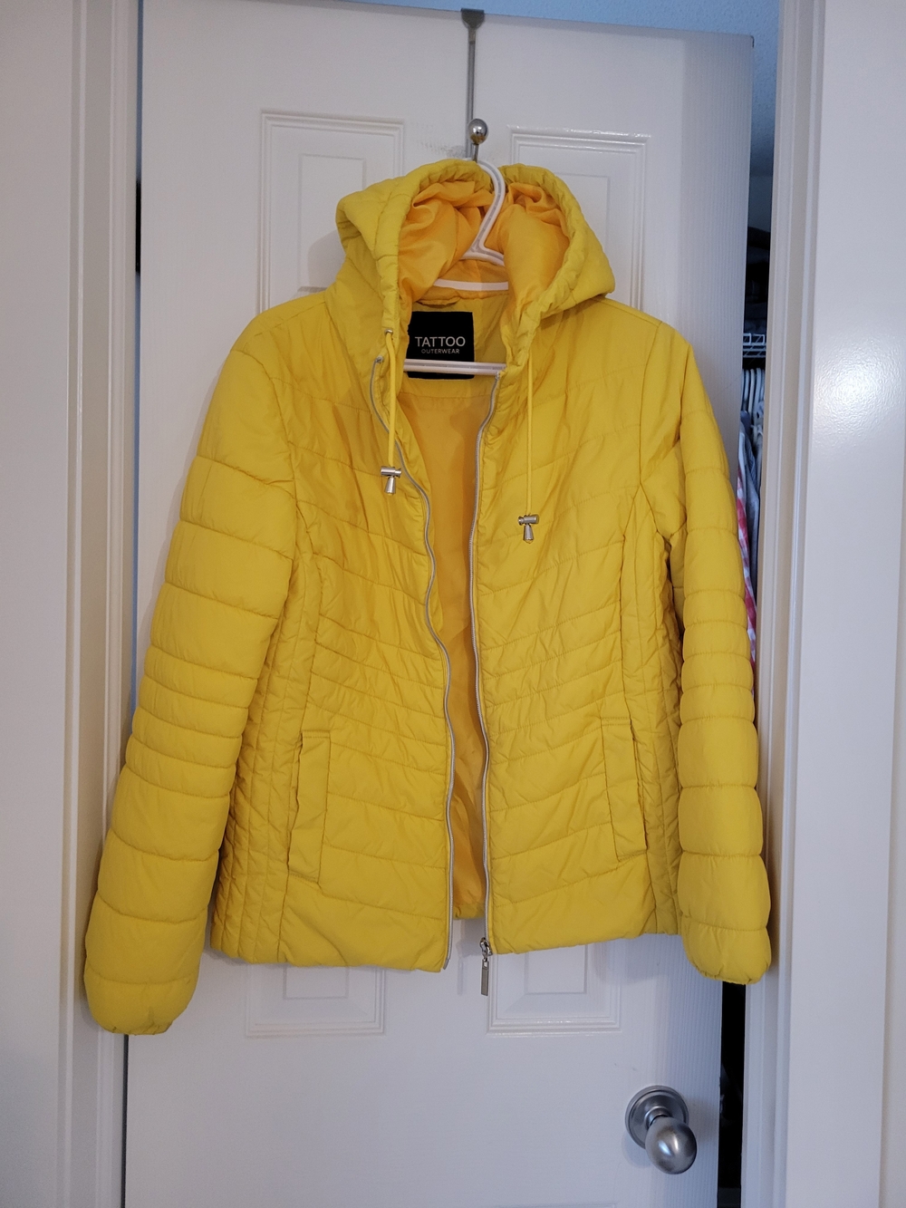 Tattoo Yellow Quilted Hooded Puffer Jacket - Women Size M